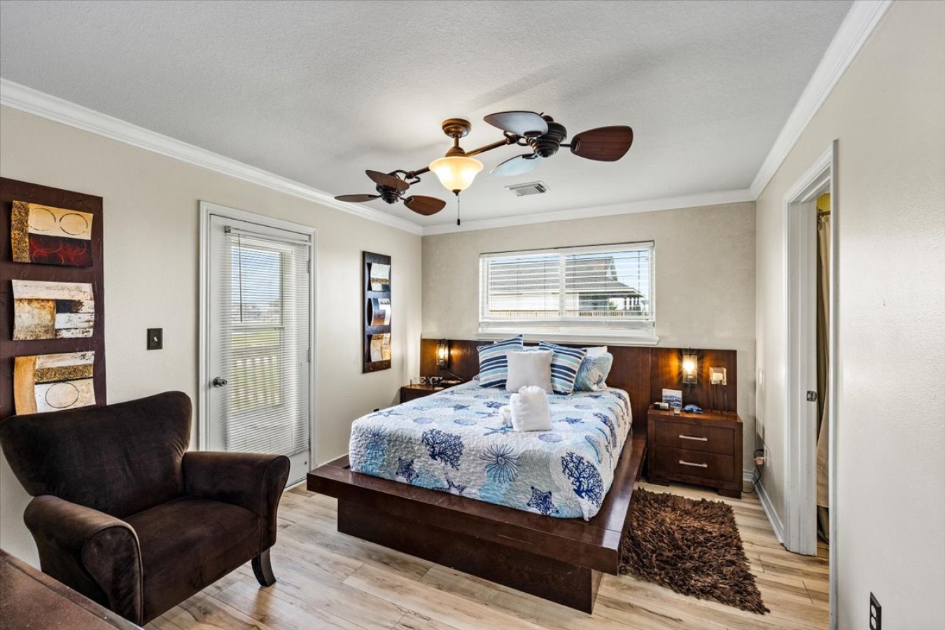 This bedroom has a queen-sized bed