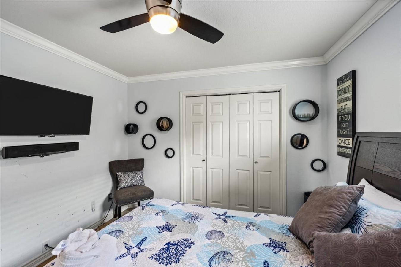 This bedroom has a queen-sized bed
