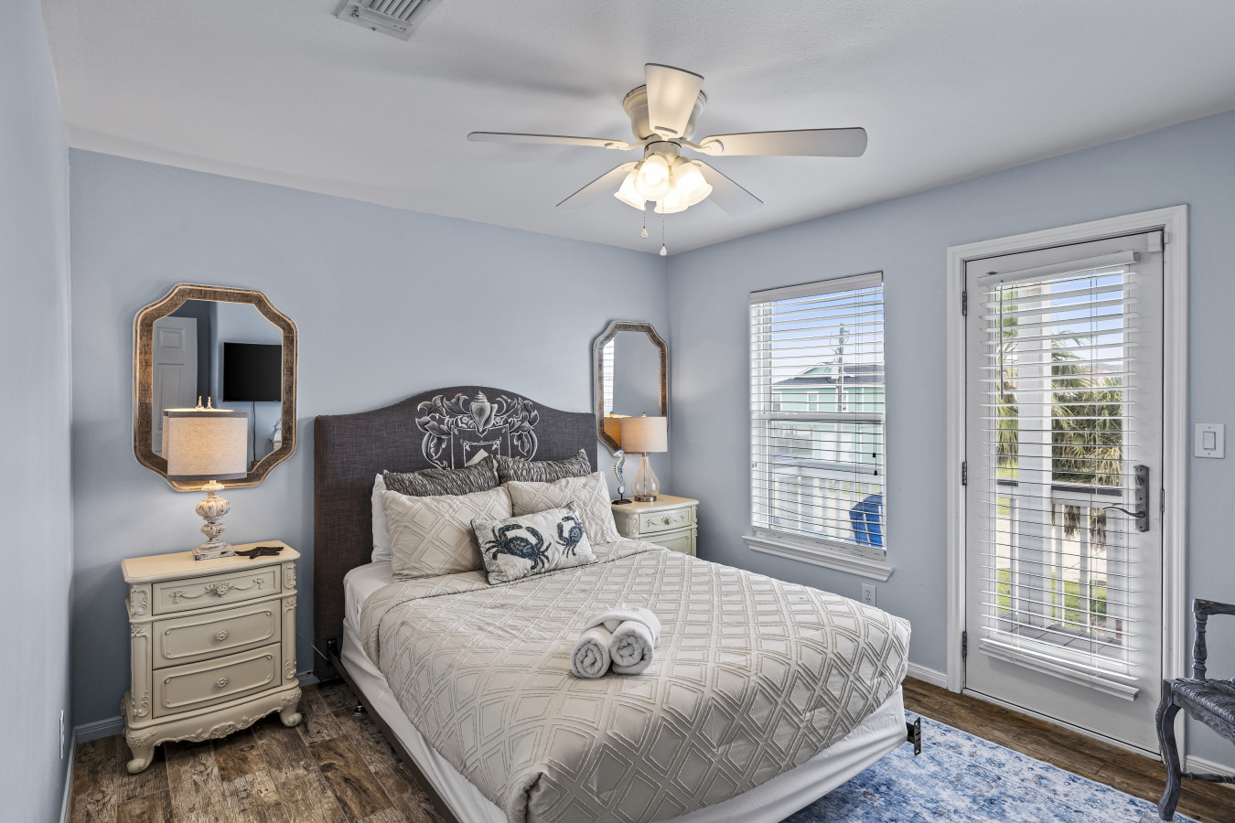 This bedroom has a queen-sized bed