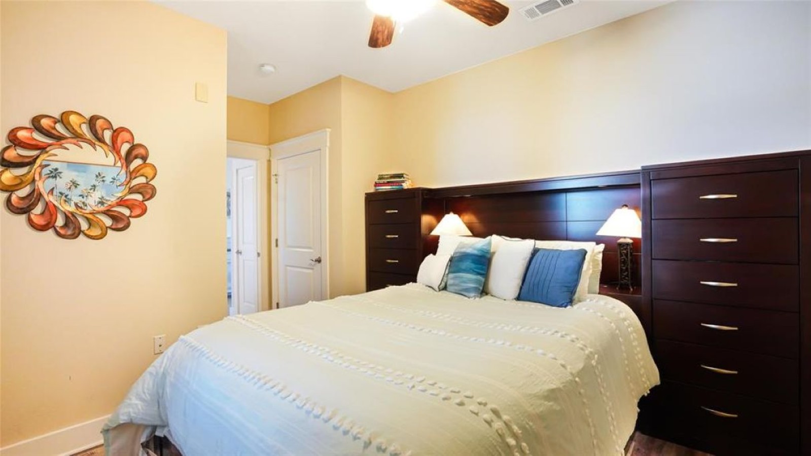 This bedroom has a queen-sized bed