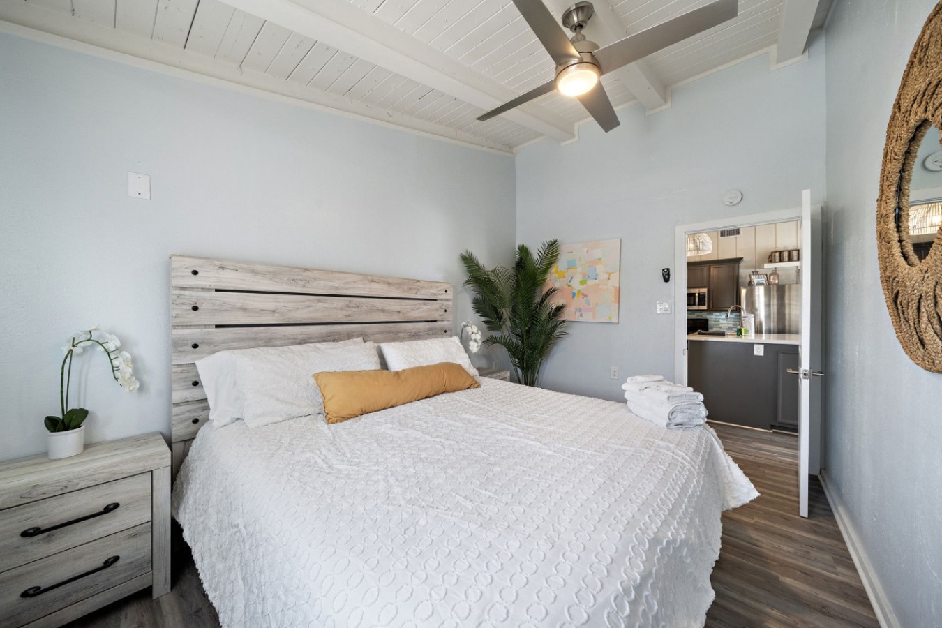 This bedroom has a king sized bed