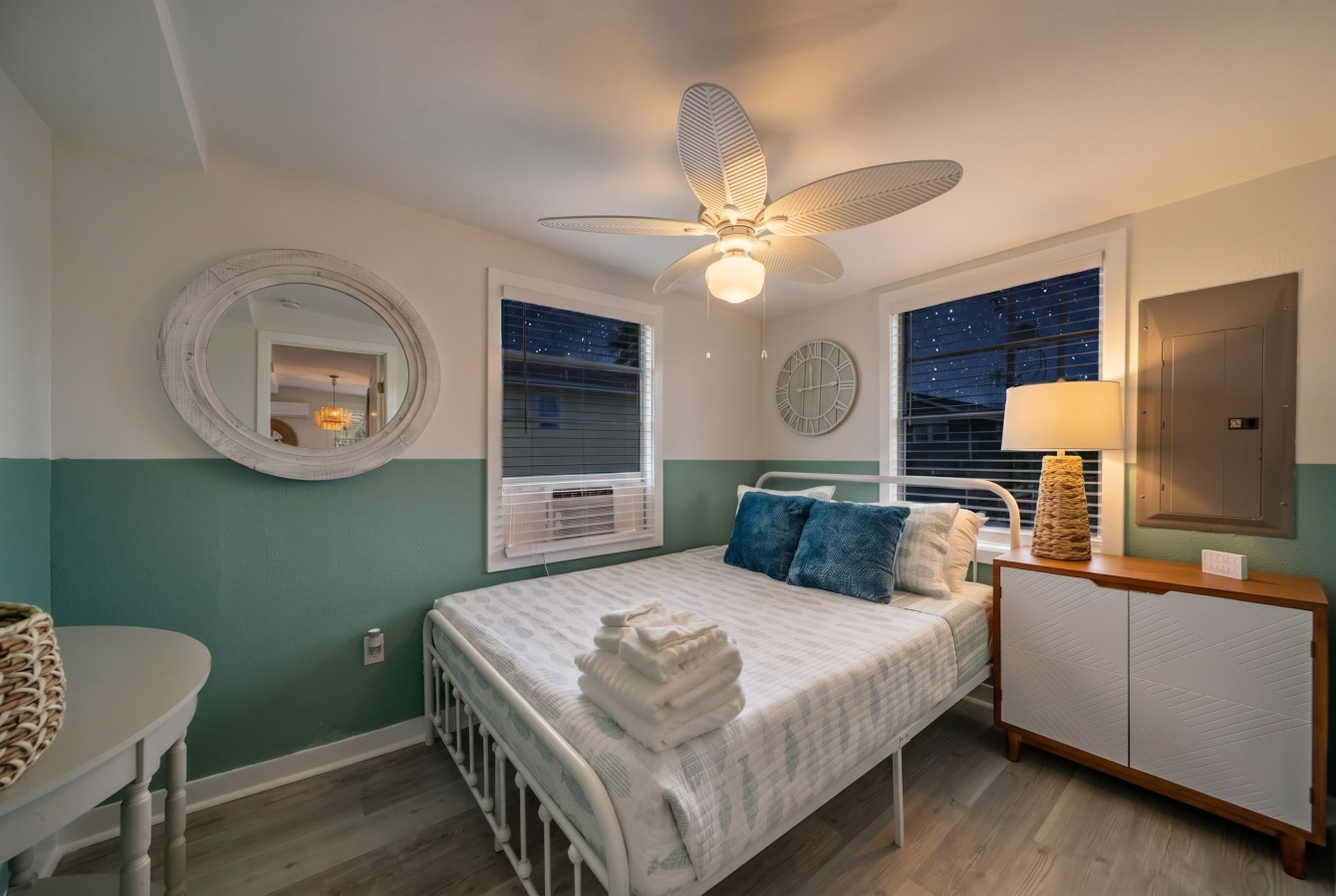 This bedroom has a queen-sized bed