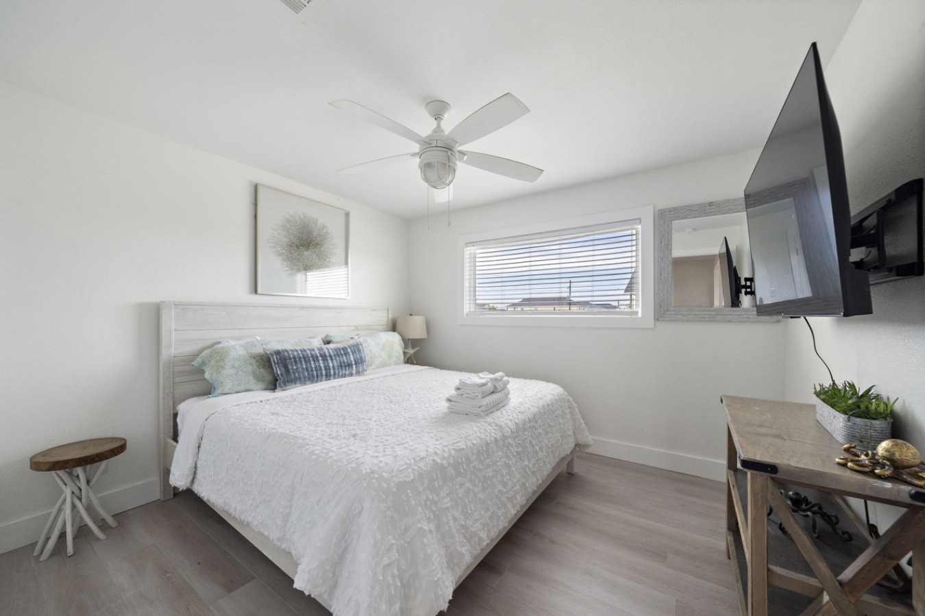 This bedroom has a king sized bed
