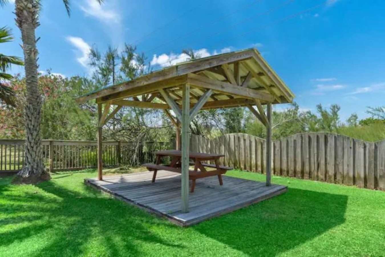 A shaded gazebo with a picnic table is perfect for a quick lunch