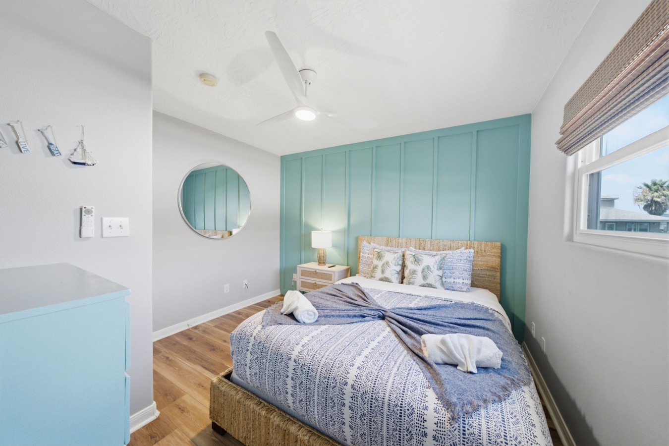 This bedroom has a queen-sized bed