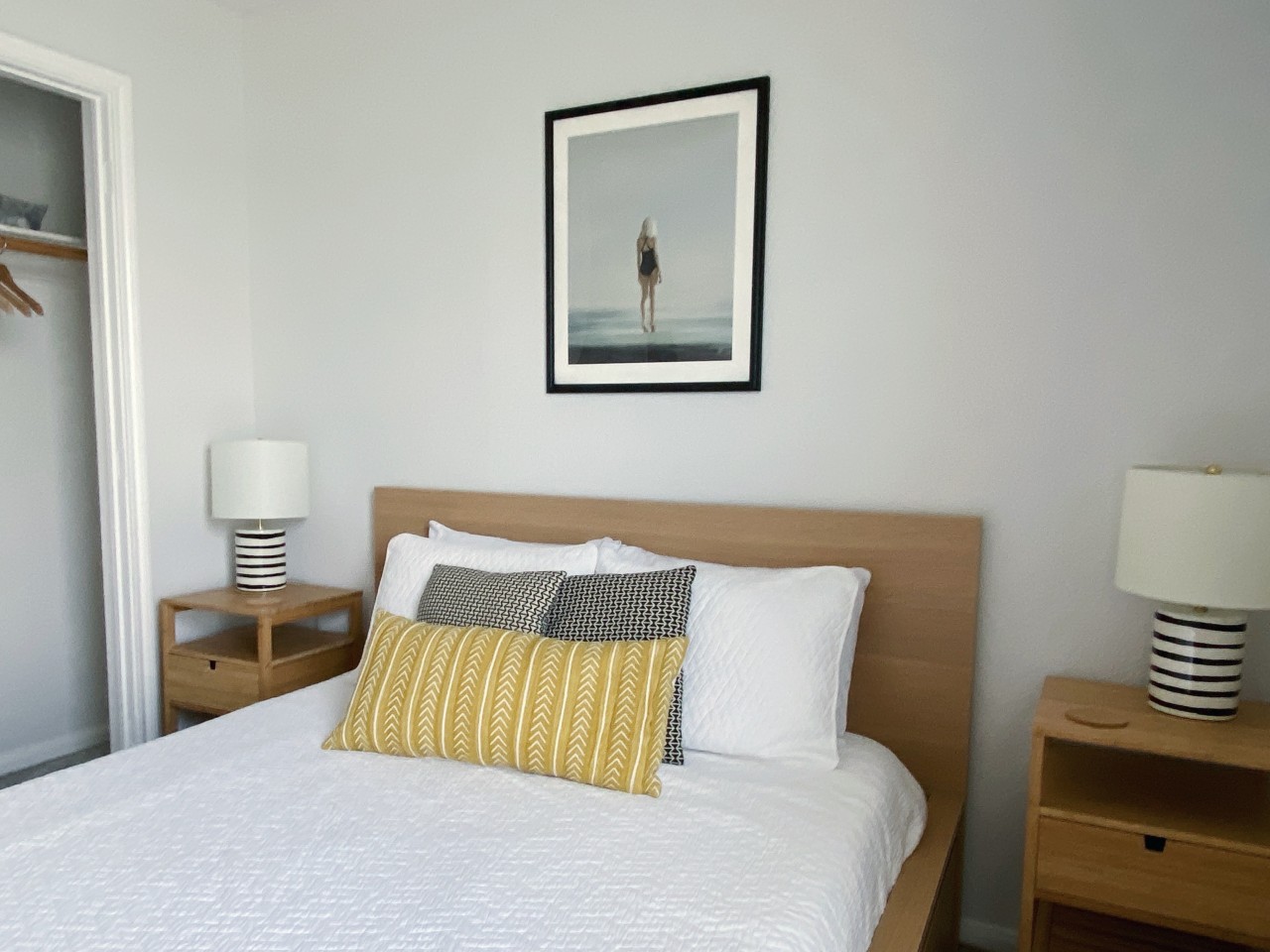 This bedroom has a queen-sized bed