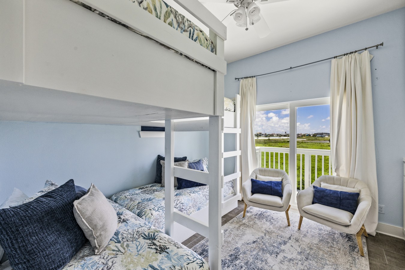 This bedroom has a twin over queen bunk bed