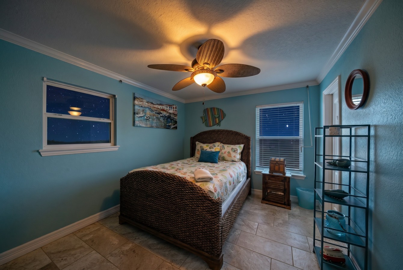 This bedroom has a queen-sized bed