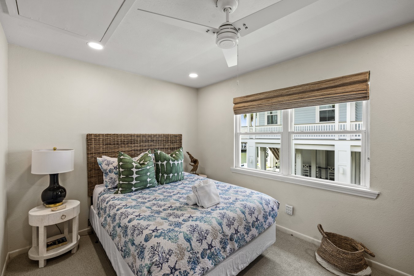 This bedroom has a queen-sized bed