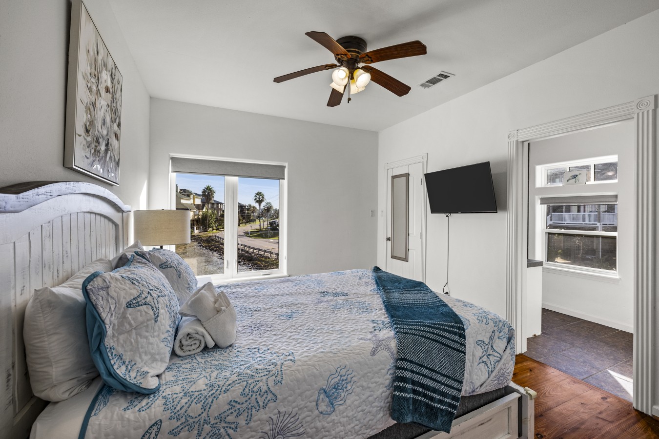 This bedroom has a queen-sized bed