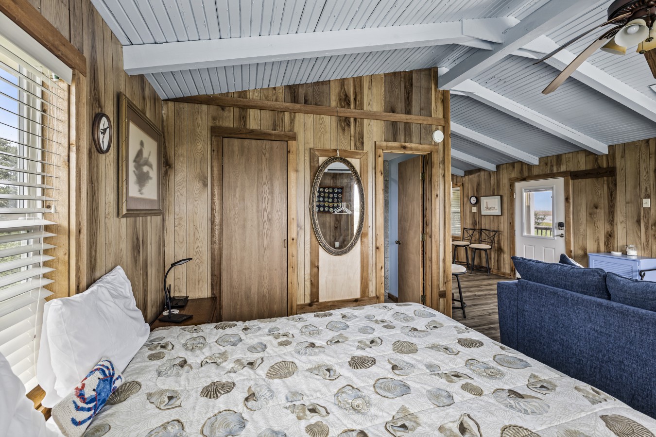 This bedroom has a queen-sized bed