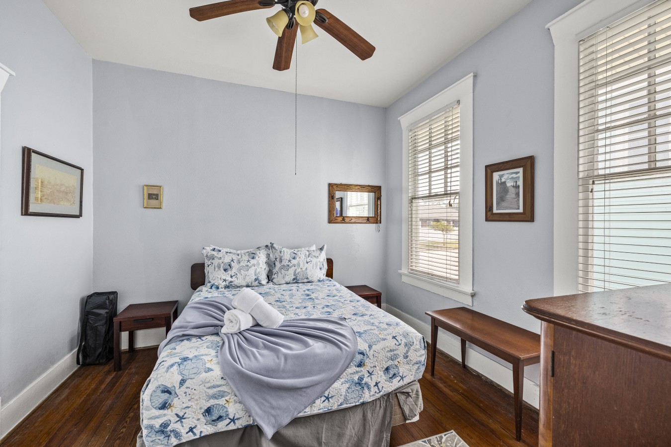 This bedroom has a queen-sized bed