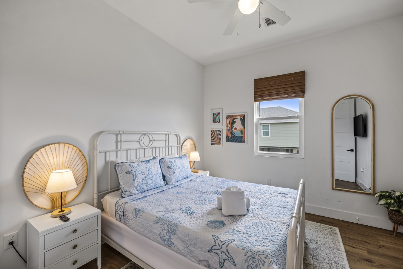 This bedroom has a queen-sized bed