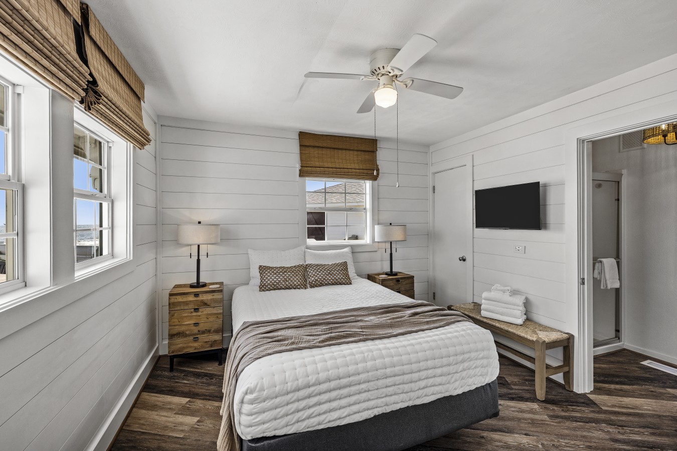 This bedroom has a queen-sized bed