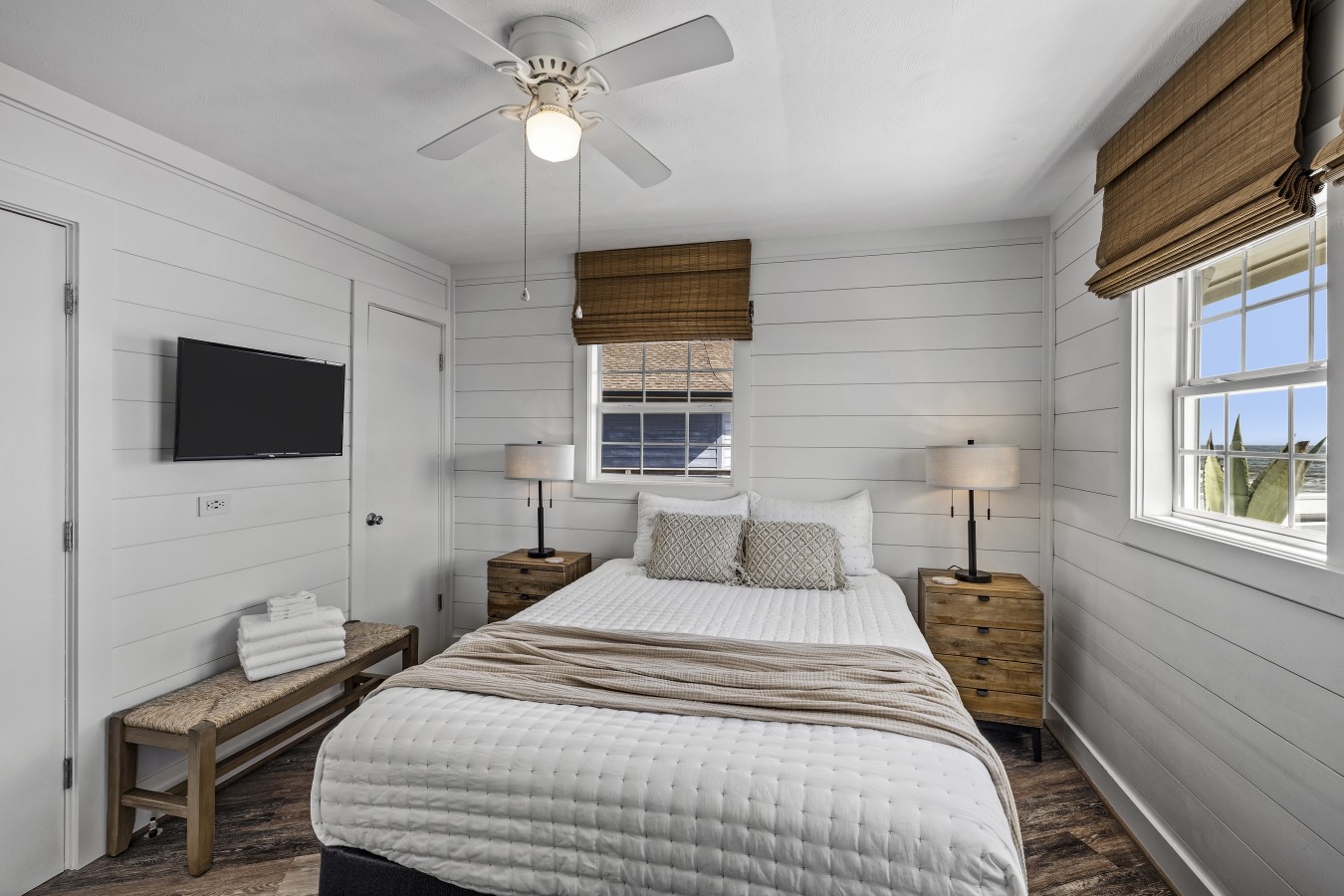 This bedroom has a queen-sized bed