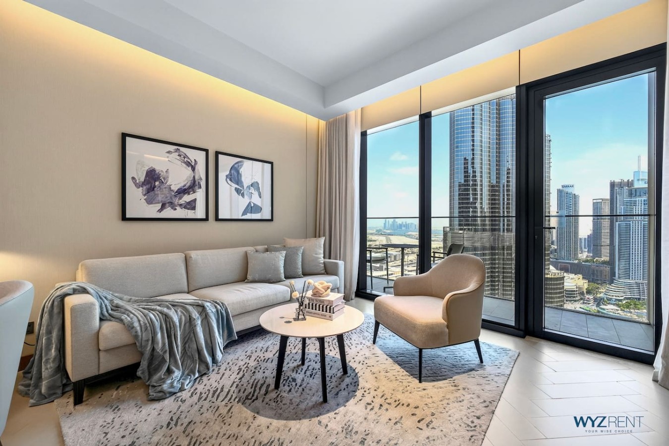 Bright living room with floor-to-ceiling skyline windows, Address Opera