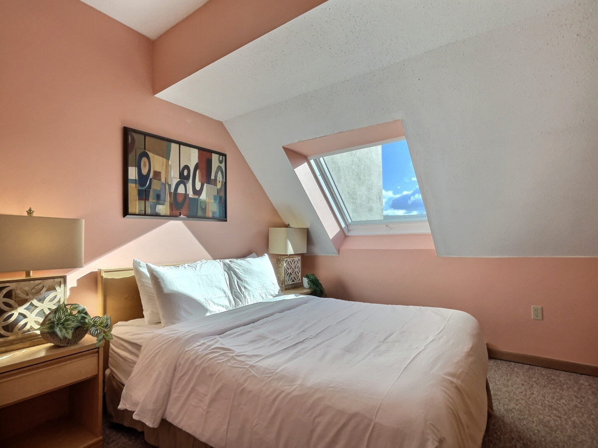 Queen bed for a restful sleep.