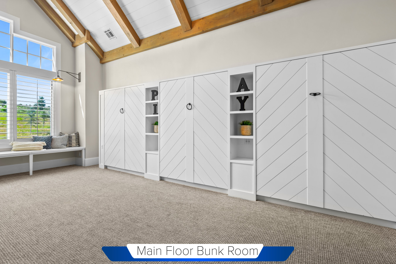 Main Floor Bunk Room with 6 Twin Beds and 3 Queen Beds