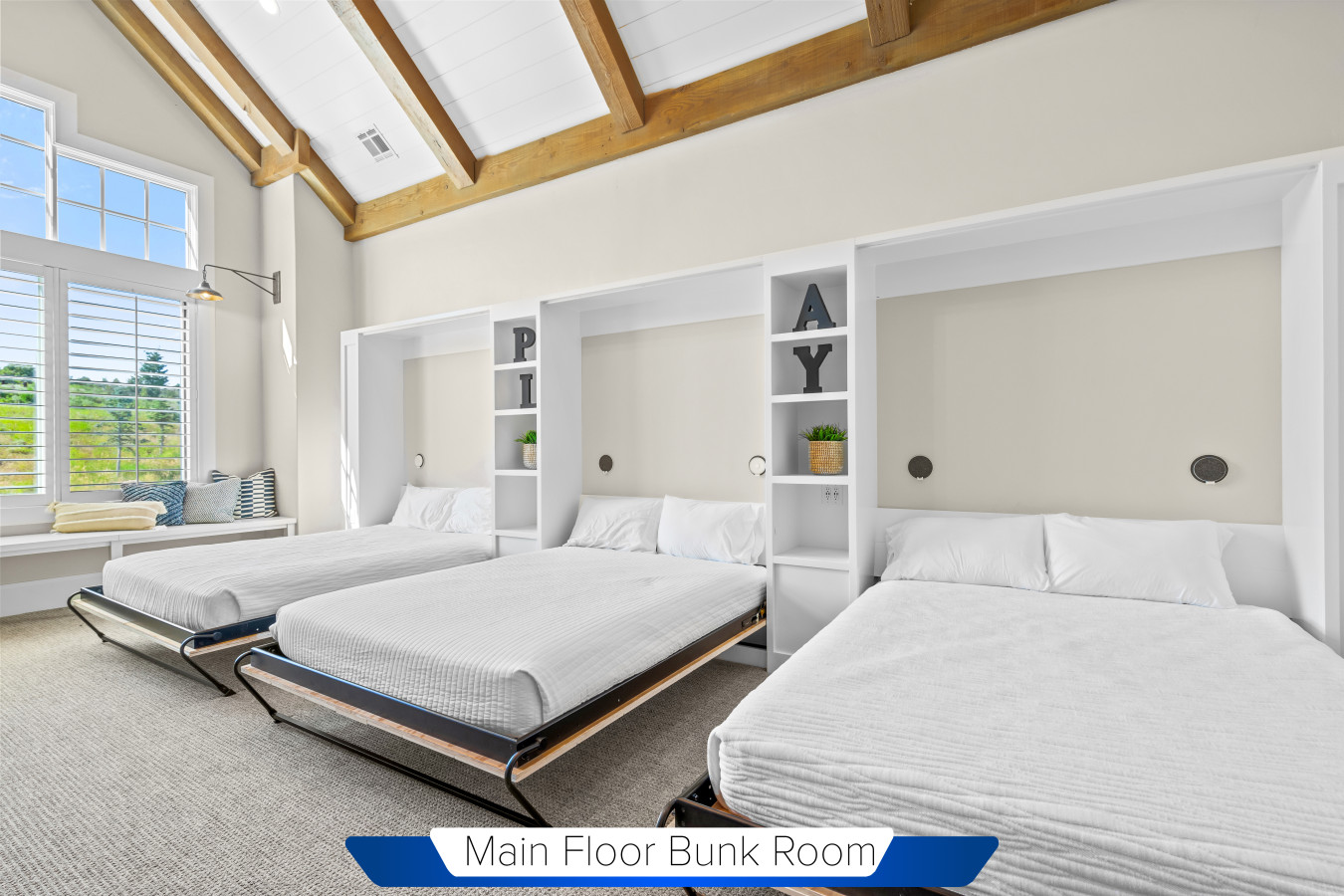 Main Floor Bunk Room with 6 Twin Beds and 3 Queen Beds