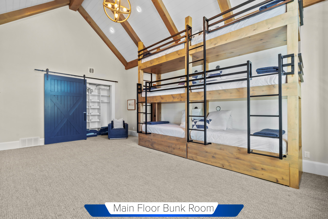Main Floor Bunk Room with 6 Twin Beds and 3 Queen Beds